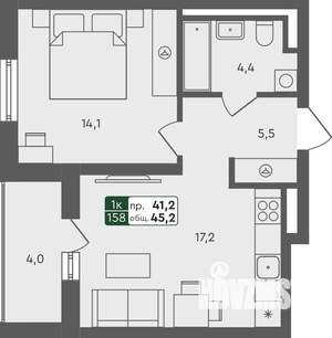 1-к квартира, строящийся дом, 45м2, 2/4 этаж