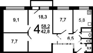 4-к квартира, на длительный срок, 60м2, 2/9 этаж