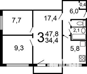 3-к квартира, на длительный срок, 48м2, 3/9 этаж