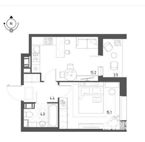 1-к квартира, на длительный срок, 39м2, 4/7 этаж