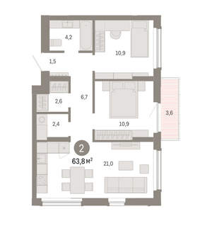 2-к квартира, вторичка, 64м2, 3/16 этаж