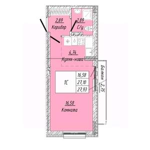 1-к квартира, строящийся дом, 28м2, 2/8 этаж