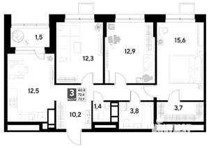 3-к квартира, вторичка, 74м2, 20/21 этаж