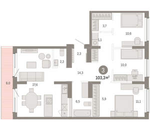 3-к квартира, вторичка, 103м2, 8/9 этаж