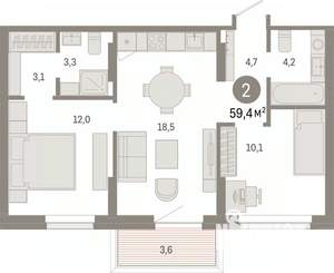 2-к квартира, вторичка, 59м2, 2/9 этаж