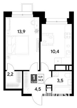1-к квартира, строящийся дом, 35м2, 16/21 этаж
