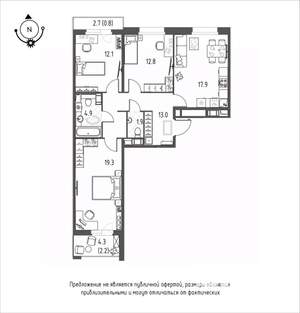 3-к квартира, строящийся дом, 85м2, 5/12 этаж