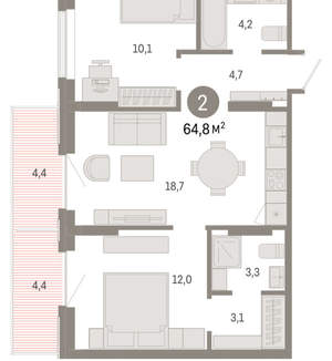 2-к квартира, вторичка, 65м2, 6/9 этаж