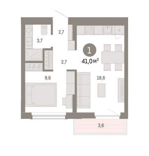 1-к квартира, вторичка, 41м2, 5/16 этаж