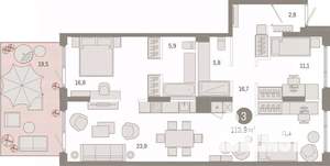 3-к квартира, вторичка, 114м2, 1/17 этаж