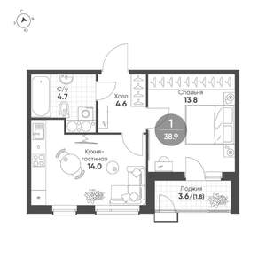 1-к квартира, строящийся дом, 39м2, 10/15 этаж