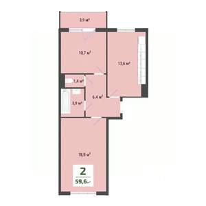 2-к квартира, строящийся дом, 55м2, 9/10 этаж