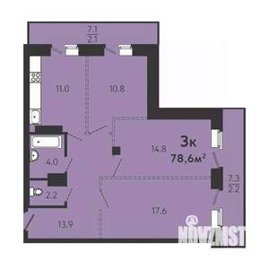3-к квартира, строящийся дом, 74м2, 3/16 этаж