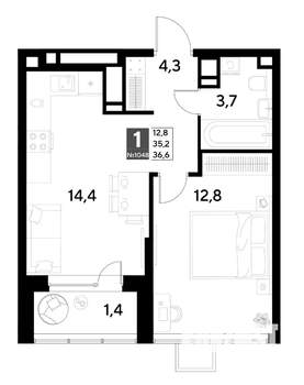 1-к квартира, строящийся дом, 37м2, 20/21 этаж