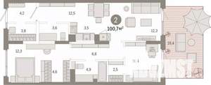 2-к квартира, вторичка, 101м2, 1/9 этаж