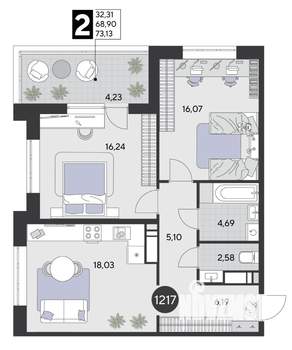 2-к квартира, строящийся дом, 73м2, 15/21 этаж