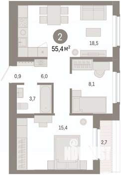 2-к квартира, вторичка, 55м2, 8/16 этаж