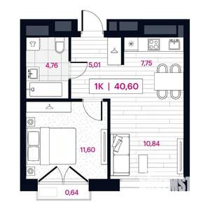 1-к квартира, вторичка, 41м2, 3/15 этаж