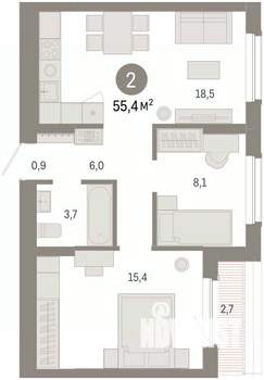 2-к квартира, вторичка, 55м2, 8/16 этаж