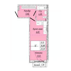 1-к квартира, строящийся дом, 27м2, 4/8 этаж