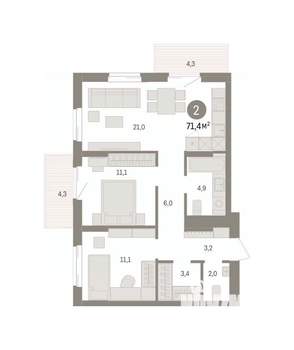 2-к квартира, вторичка, 71м2, 10/14 этаж