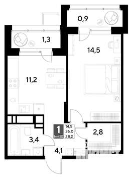 1-к квартира, строящийся дом, 38м2, 18/21 этаж
