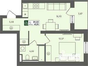 1-к квартира, строящийся дом, 43м2, 4/7 этаж