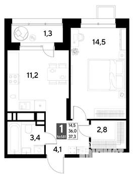 1-к квартира, строящийся дом, 37м2, 17/21 этаж