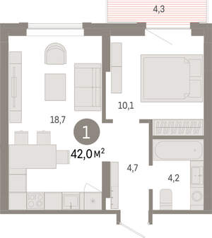 1-к квартира, вторичка, 42м2, 8/9 этаж