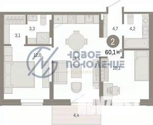 2-к квартира, строящийся дом, 65м2, 5/9 этаж