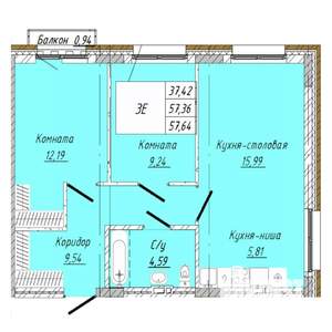 2-к квартира, строящийся дом, 58м2, 2/8 этаж