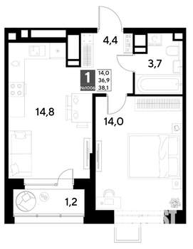 1-к квартира, строящийся дом, 38м2, 16/21 этаж