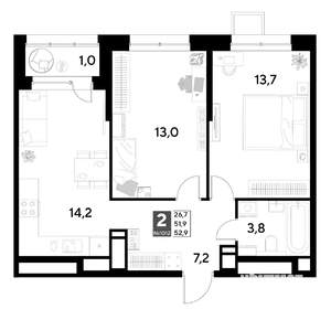 2-к квартира, вторичка, 53м2, 17/21 этаж