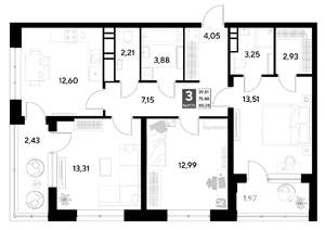 3-к квартира, строящийся дом, 80м2, 11/21 этаж