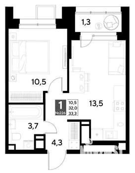 1-к квартира, строящийся дом, 33м2, 19/21 этаж