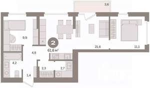 2-к квартира, вторичка, 62м2, 3/16 этаж