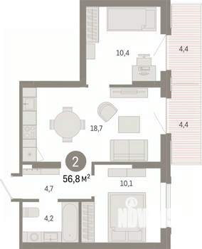 2-к квартира, вторичка, 57м2, 8/17 этаж