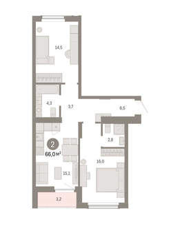 2-к квартира, вторичка, 66м2, 6/16 этаж