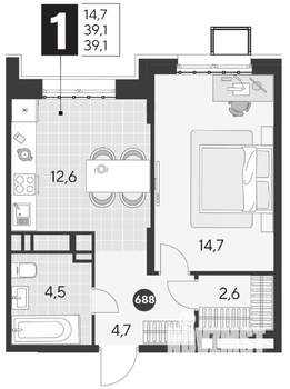 1-к квартира, строящийся дом, 39м2, 9/21 этаж