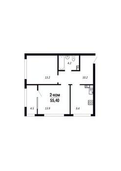 2-к квартира, строящийся дом, 55м2, 19/22 этаж