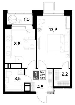 1-к квартира, строящийся дом, 34м2, 8/21 этаж