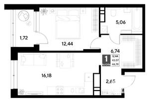 1-к квартира, строящийся дом, 45м2, 6/21 этаж