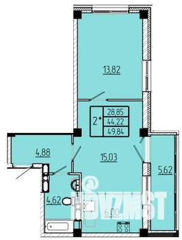 2-к квартира, строящийся дом, 50м2, 9/16 этаж