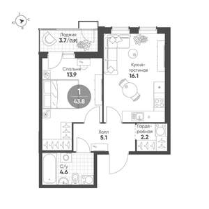 1-к квартира, строящийся дом, 44м2, 5/15 этаж