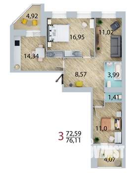 3-к квартира, строящийся дом, 73м2, 2/10 этаж