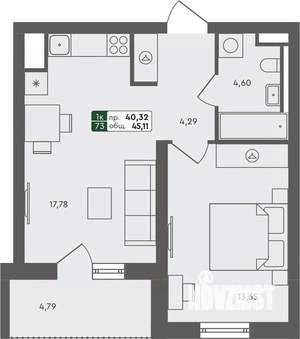 1-к квартира, строящийся дом, 45м2, 3/7 этаж