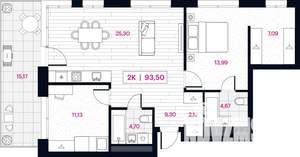 2-к квартира, строящийся дом, 93м2, 2/15 этаж