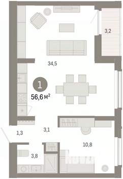 1-к квартира, вторичка, 57м2, 3/16 этаж