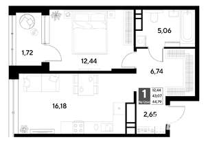 1-к квартира, строящийся дом, 45м2, 20/22 этаж