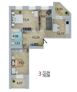 3-к квартира, сданный дом, 73м2, 5/10 этаж